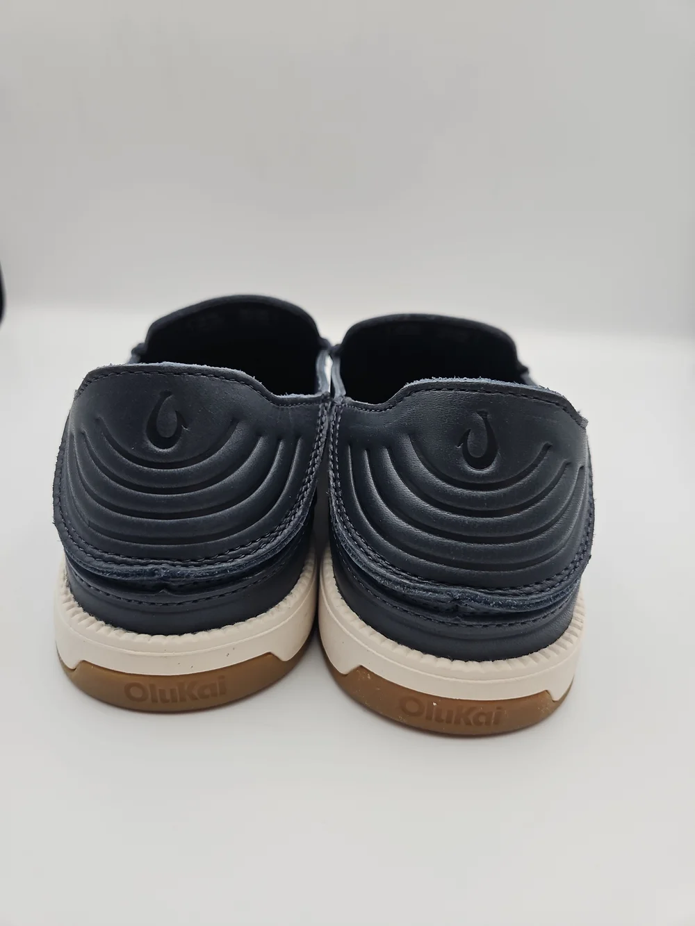 OluKai Men's Navy Leather Slip-On Loafers with Cream Sole